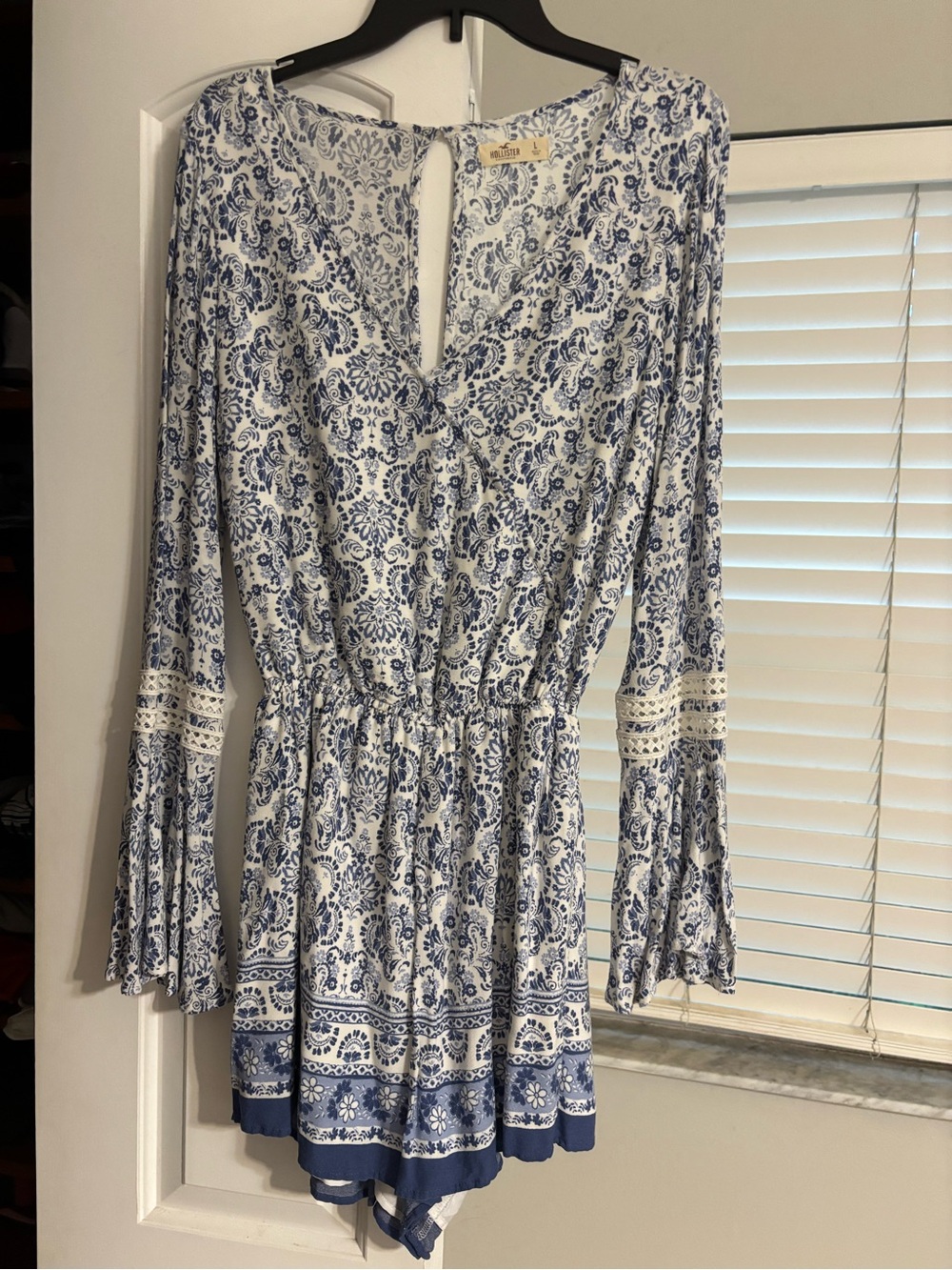 Hollister Blue & White Printed Long-Sleeve Dress Romper